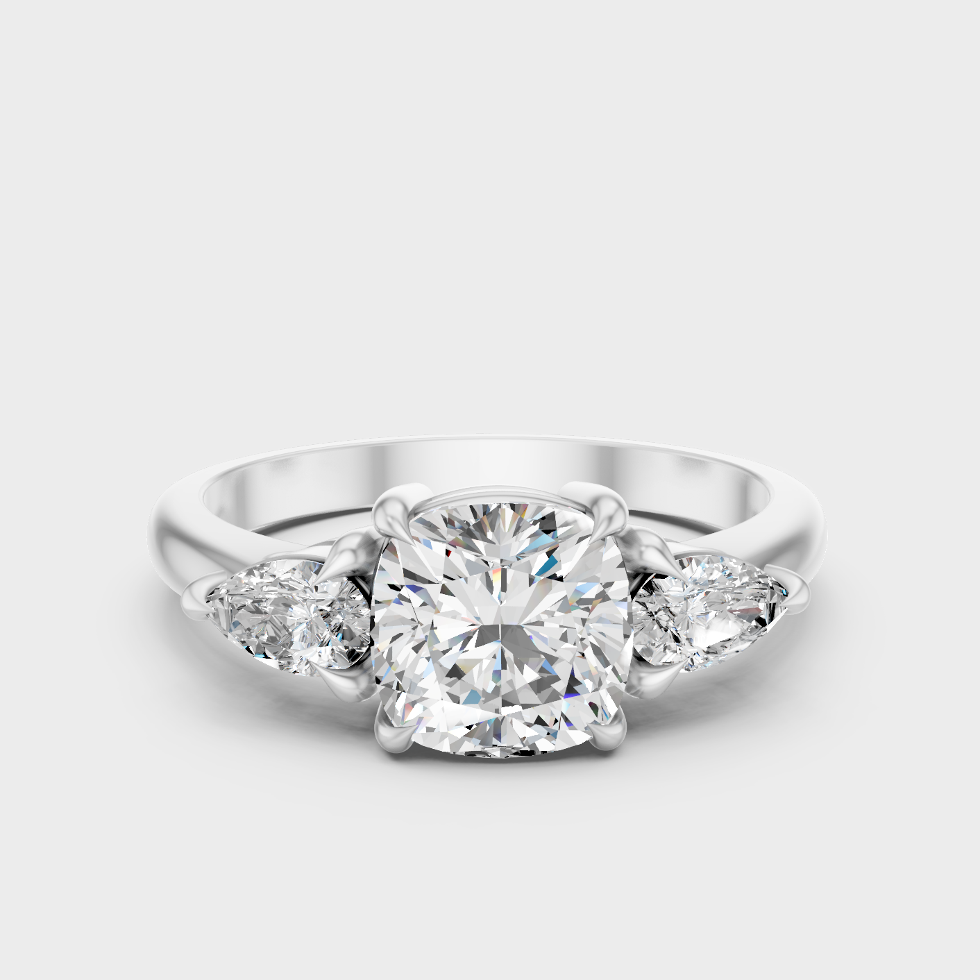 White Gold Cushion Engagement Ring With Pear Side Diamonds
